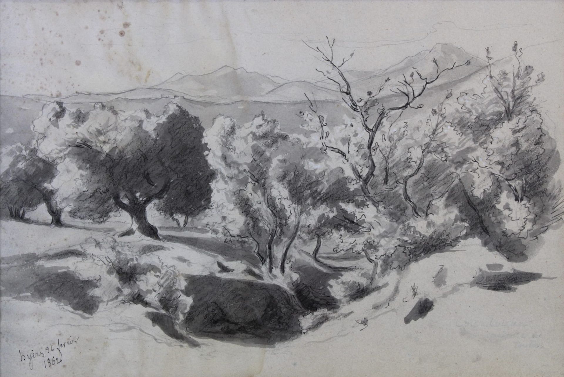2 Zeichnungen, Mischtechnik, Feder, Kohle, teils laviert, 1x ortsbezeichnet Hyèrs 96 fevrier 1862,
