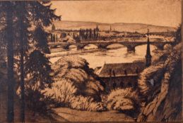 Radierung, "Ansicht von Trier", Kurt Quant, signiert, um 1910, 22 x 32.5 cm, gebräunt, unter Glas