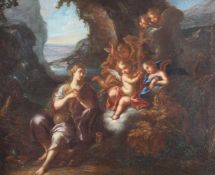 Italienischer Maler (17. Jh.), "Maria Magdalena in der Wildnis", in Anbetung des von Engeln