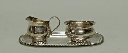 Sahnegießer, Zuckerschale, Tablett, Silber 835, Jakob Grimminger, glatt, Kordelband, 4.8-6.8 cm