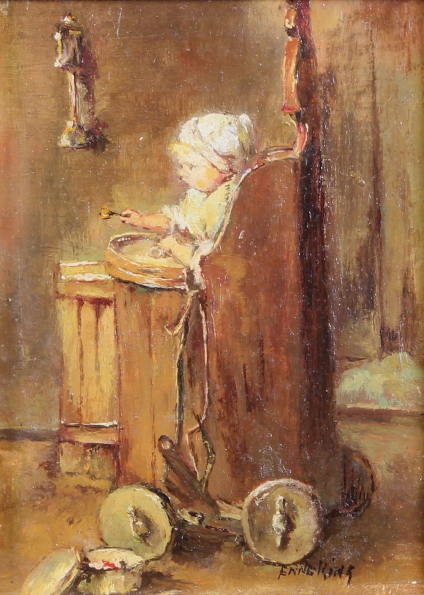 Enneking, Wilhelmus Joseph (geb. 1933), "Kleinkind in Kinderwagen", Öl auf Holz, signiert unten