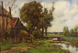 Haaren, Dirk Johannes van (1878 Amsterdam - 1953 ebenda, Landschaftsmaler), "Haus am Bachlauf", Öl