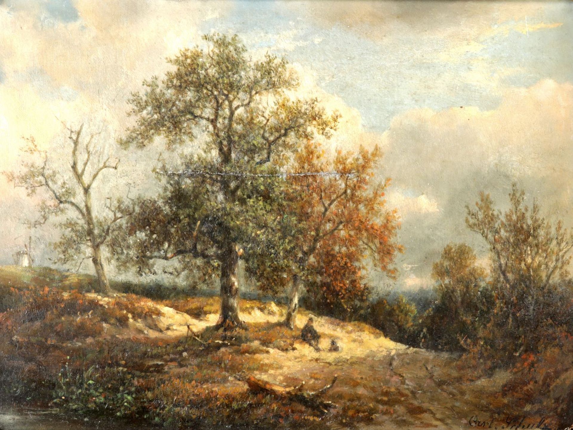 Landschaft m. rastendem Wanderer u. Windmühle