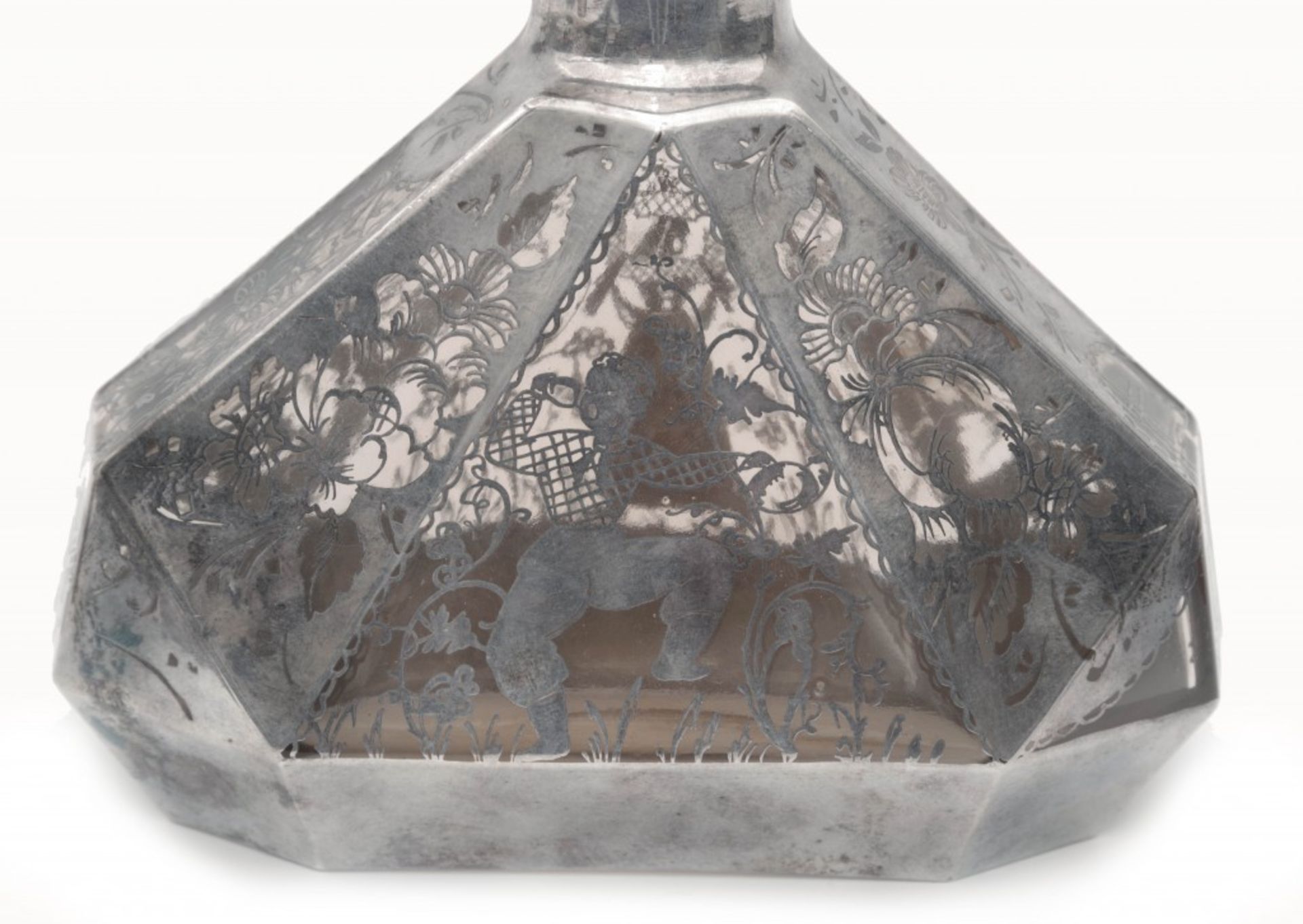 Decanter and Six Glasses with Silver Overlay, Art Deco - Image 2 of 3