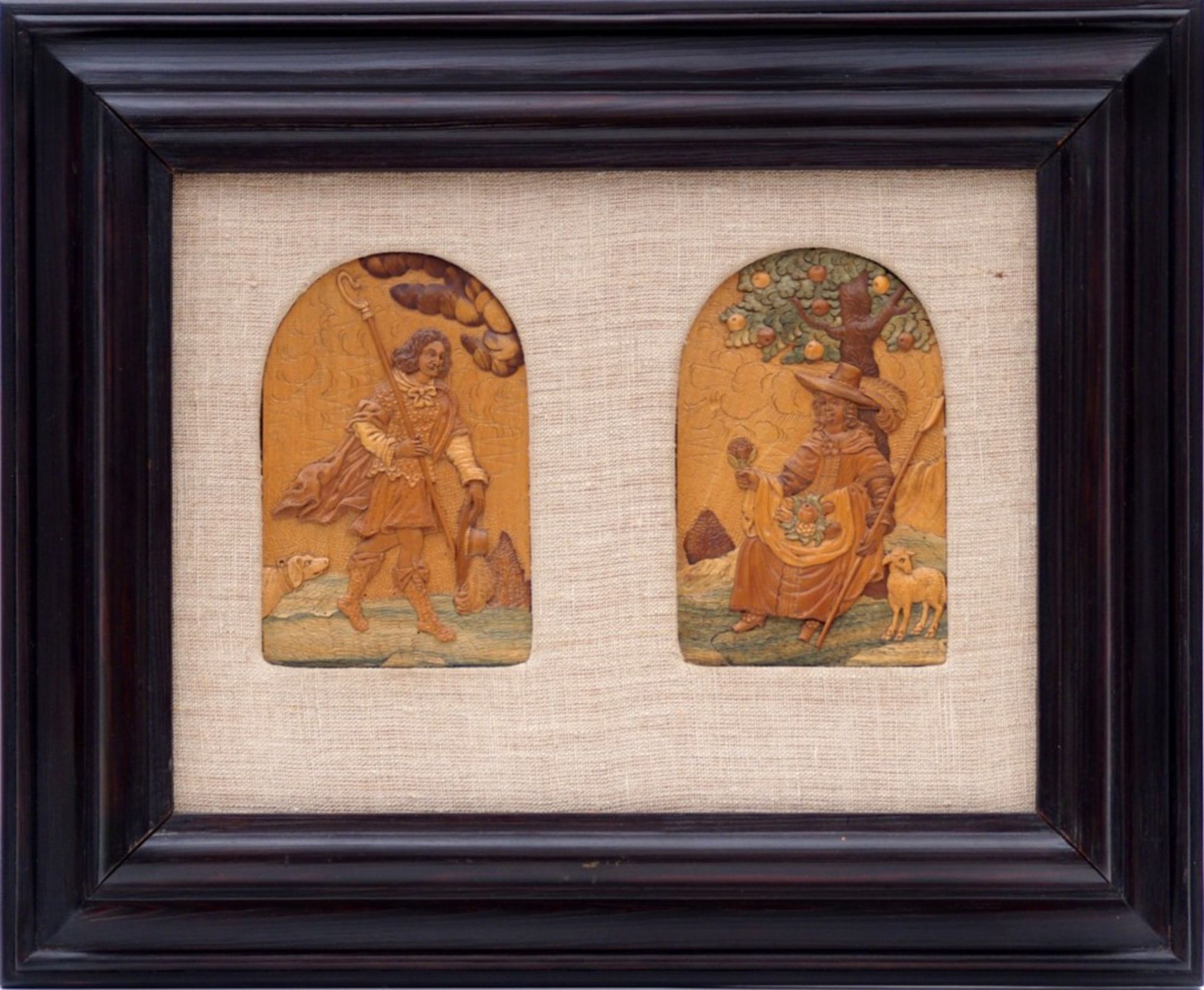 A pair of Eger relief intarsia panels