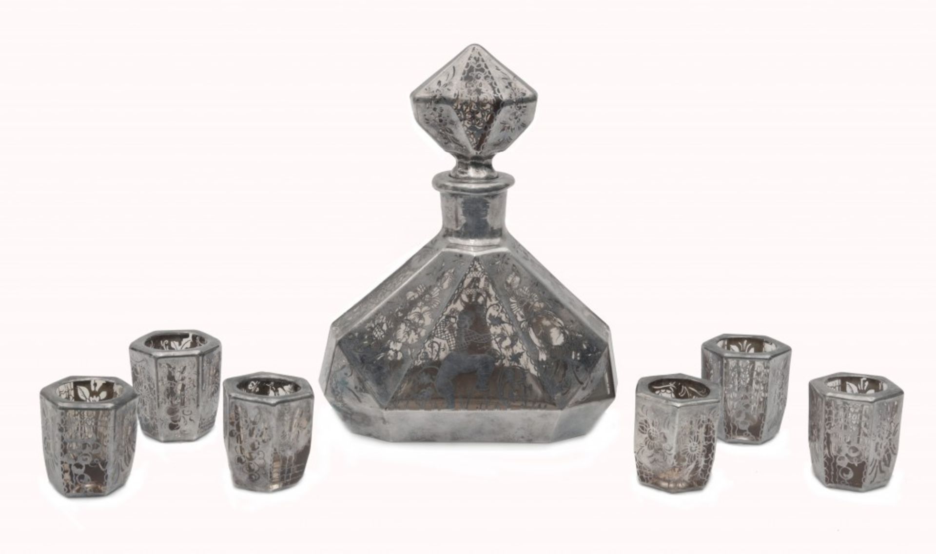 Decanter and Six Glasses with Silver Overlay, Art Deco