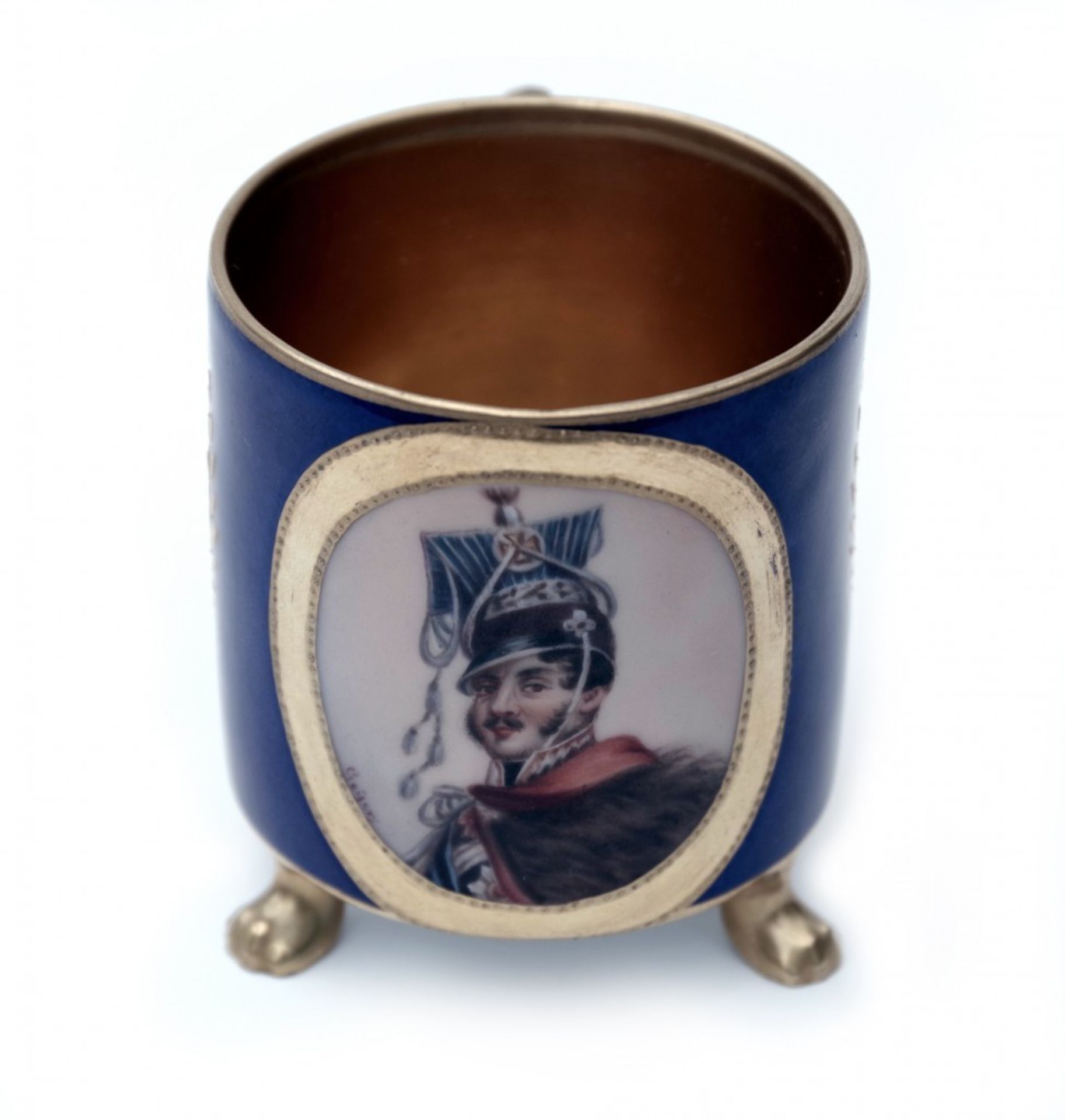 An Empire Style Cup and SaucerPorcelain, cylindrical shaped cup with a bracket handle raised on - Image 6 of 6