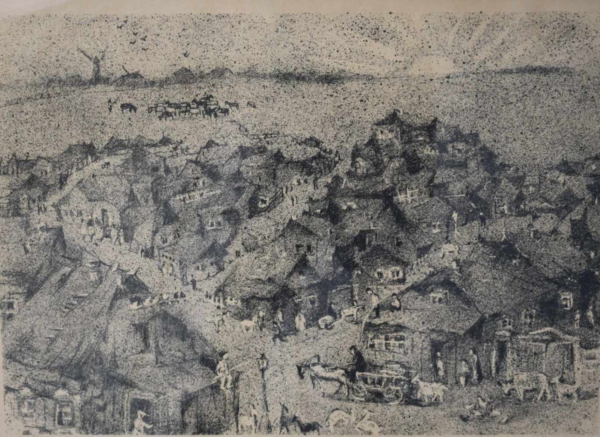 Russischer Maler um 1960, "Dorf mit Ziegen und Hühner"