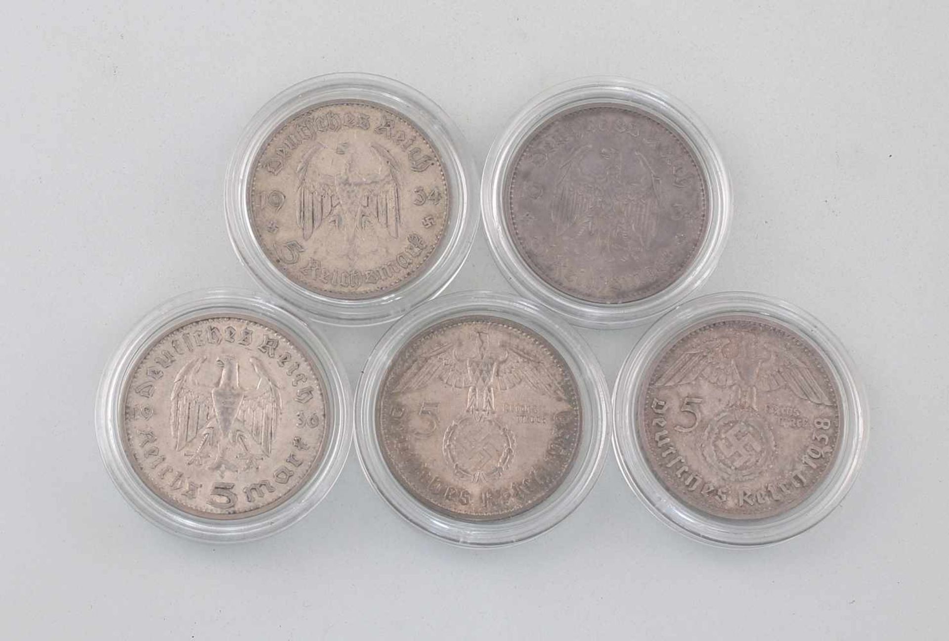 5 Silber-Münzen 5 Mark Deutsches Reich 1935-38 - Bild 2 aus 2