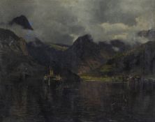 Carl Saltzmann (1847 - 1923)Bergige Küstenlandschaft mit Schiff, Öl auf Leinwand, 37 cm x 46,5 cm,