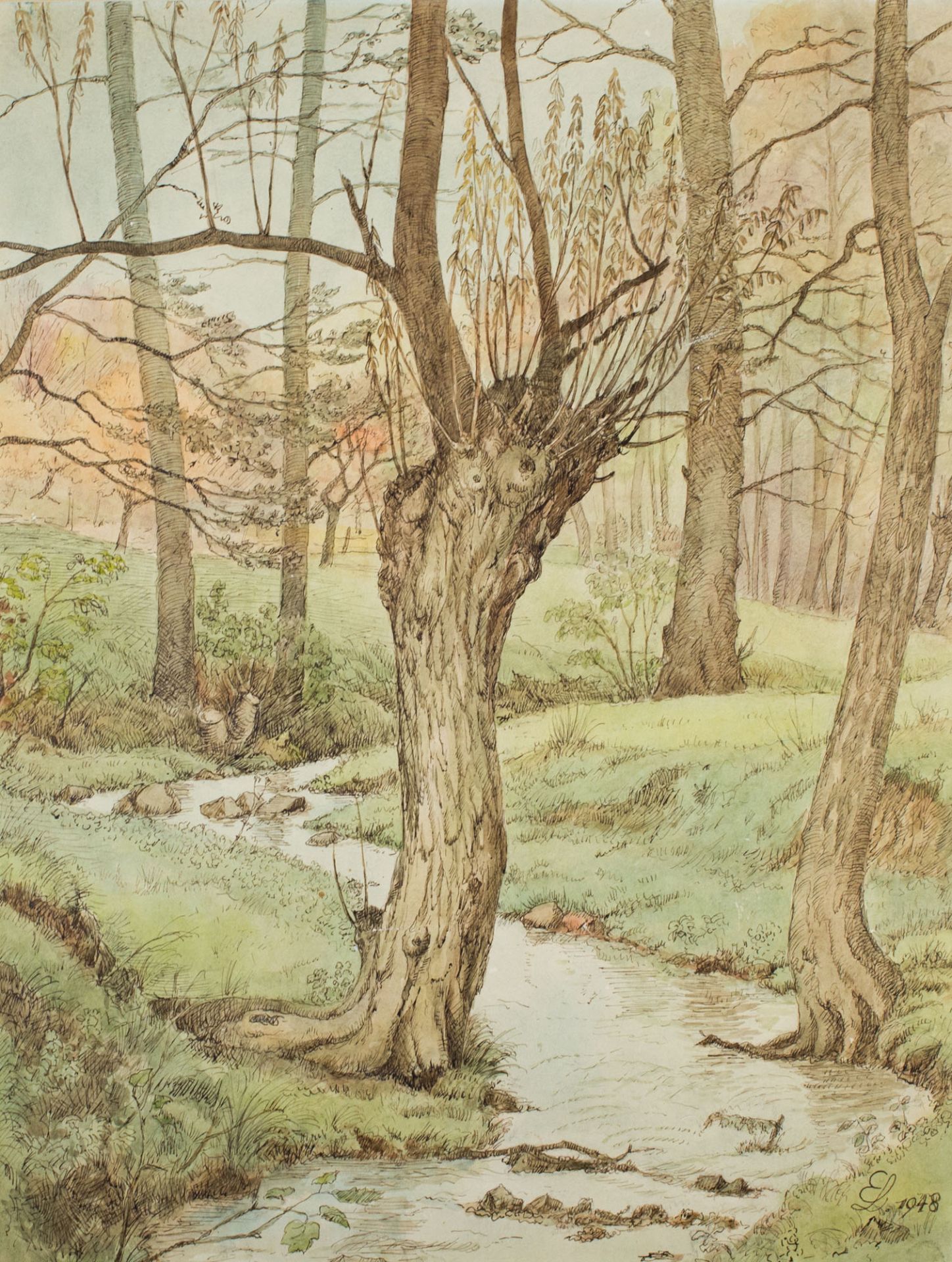Erich Lindenau (1889 Bischofswerda - 1955 Dresden)Fluss im Wald, Aquarell und Tusche auf Papier,
