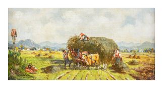 Karl Rohrhirsch (1875 München - 1954 Greding)Bauern bei der Arbeit, Öl auf Platte, 8,5 cm x 17,5 cm,