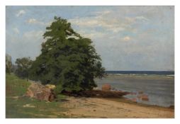 Eugen Dücker (1841 Kuressaare - 1916 Düsseldorf)Küstenlandschaft mit Baum, Öl auf Karton, 38,5 cm