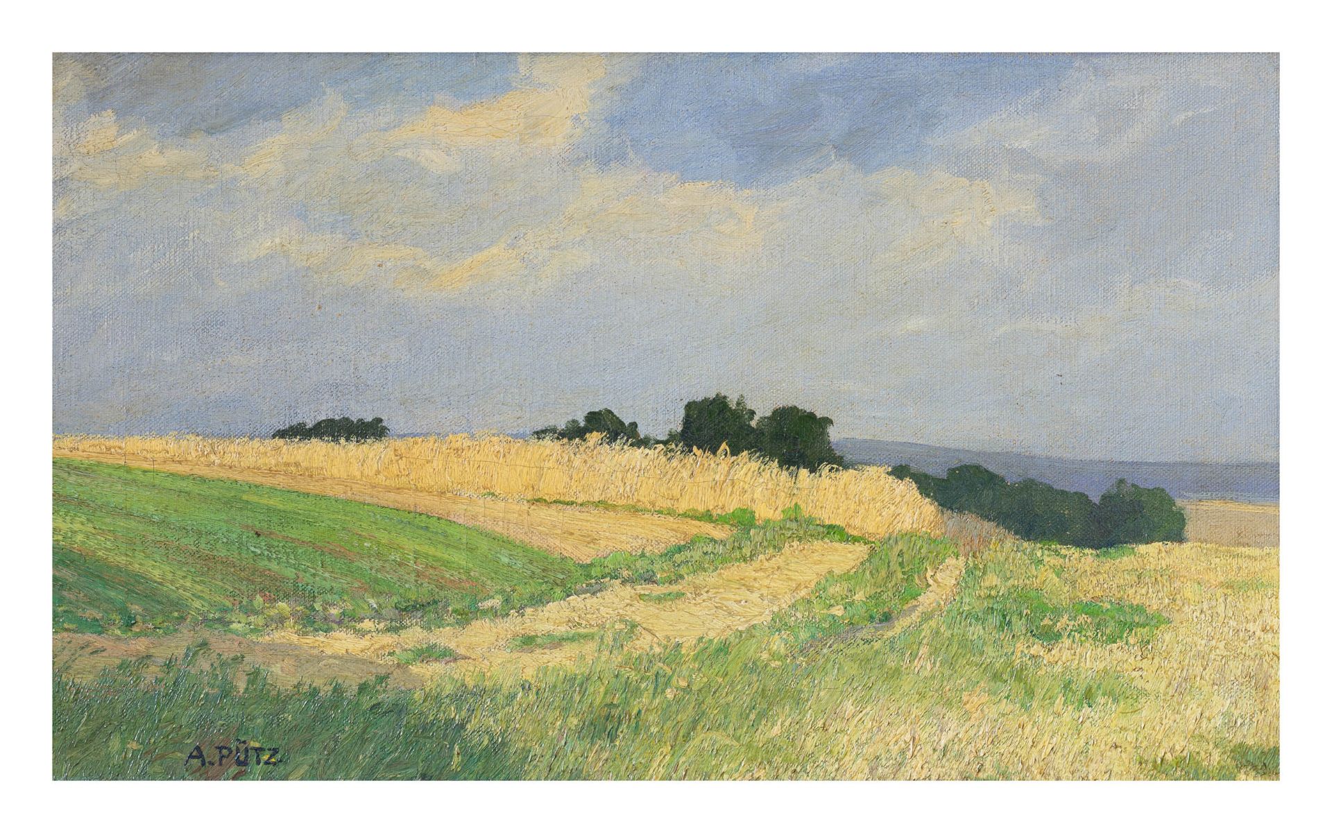 Albert Pütz (1886 Gräfrath - 1961 Düsseldorf)Ebene Landschaft, Öl auf Leinwand, 29,7 cm x 50,1 cm,