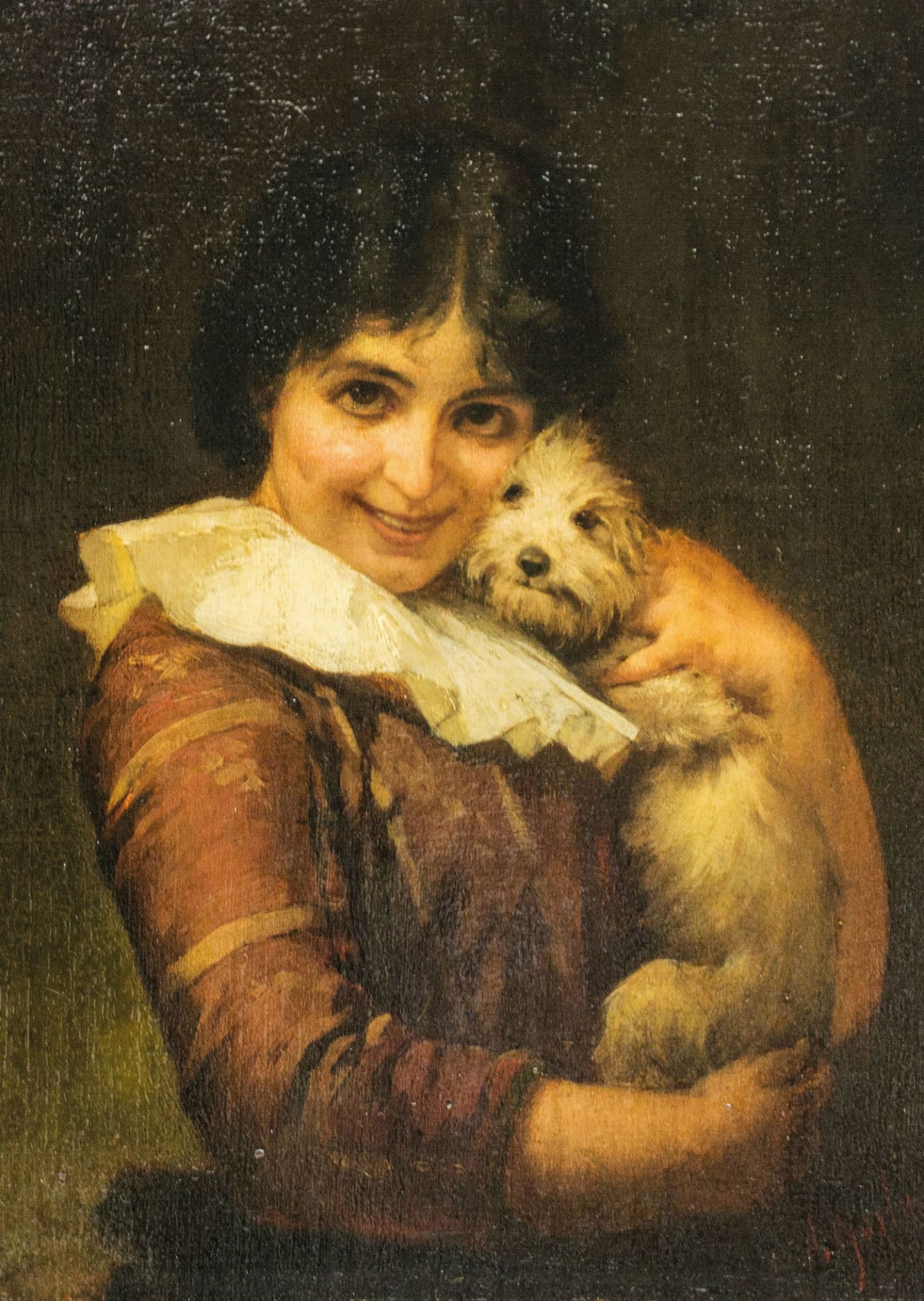 Alberto Gessner (act. 1888 - 1891 Deutschland)Mädchen mit Hund, Öl auf Holz, 32,4 cm x 24,7 cm,