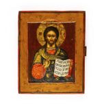 Ikone 'Christus Pantokrator'Russland, 19. Jahrhundert, Tempera auf Holz, Kowtscheg, 22 cm x 17,8 cm,