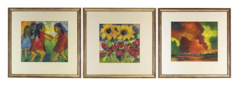 Peter Calmés (1900 Duisburg - 1968 ebenda)3 Aquarelle auf Papier, Sonnenblumen und Tulpen, Spielende