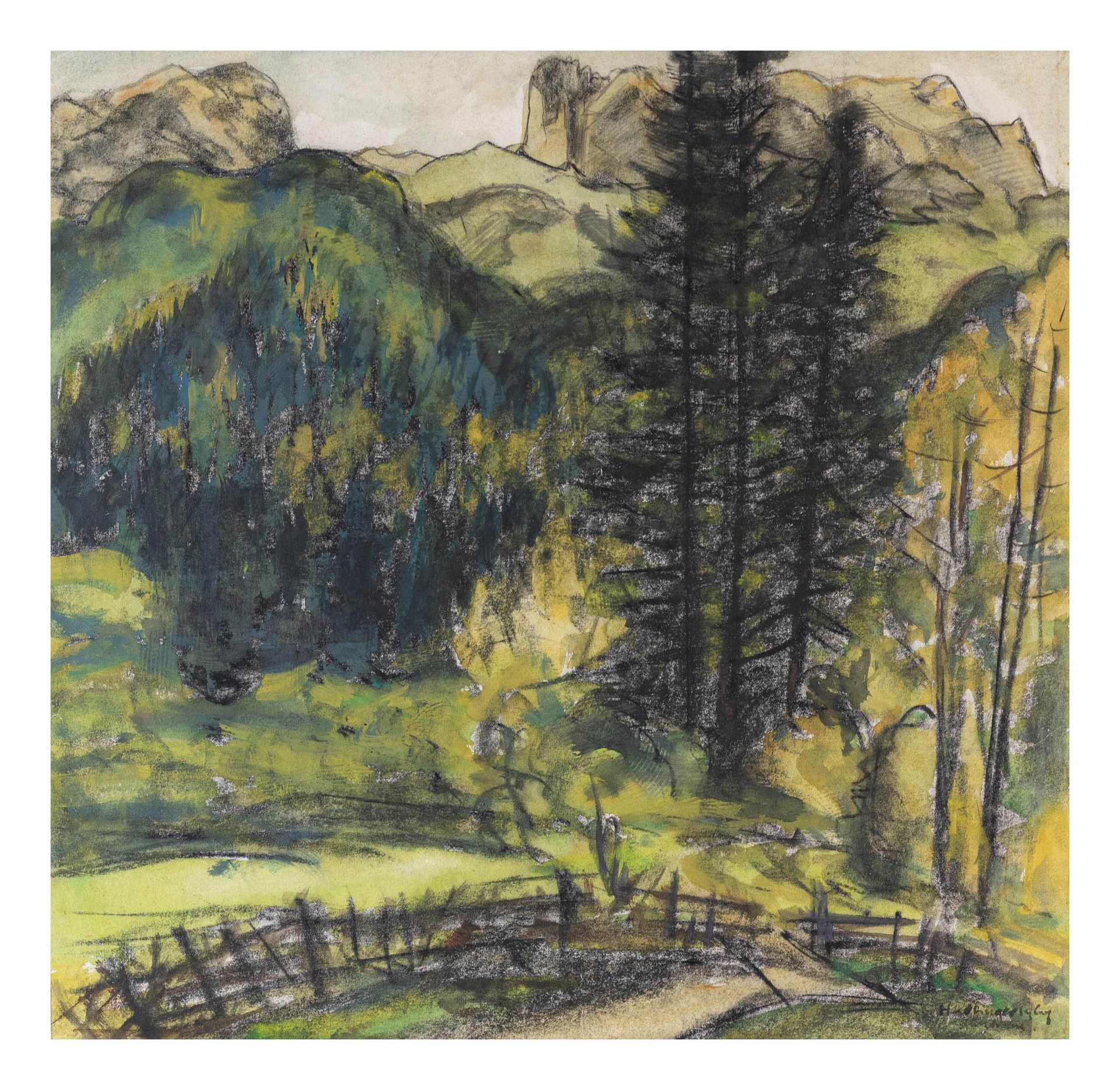 Hanns Kobinger (1892 Linz - 1974 Gramastetten)Berglandschaft mit Tanne, Aquarell mit Pastellkreide - Bild 2 aus 3