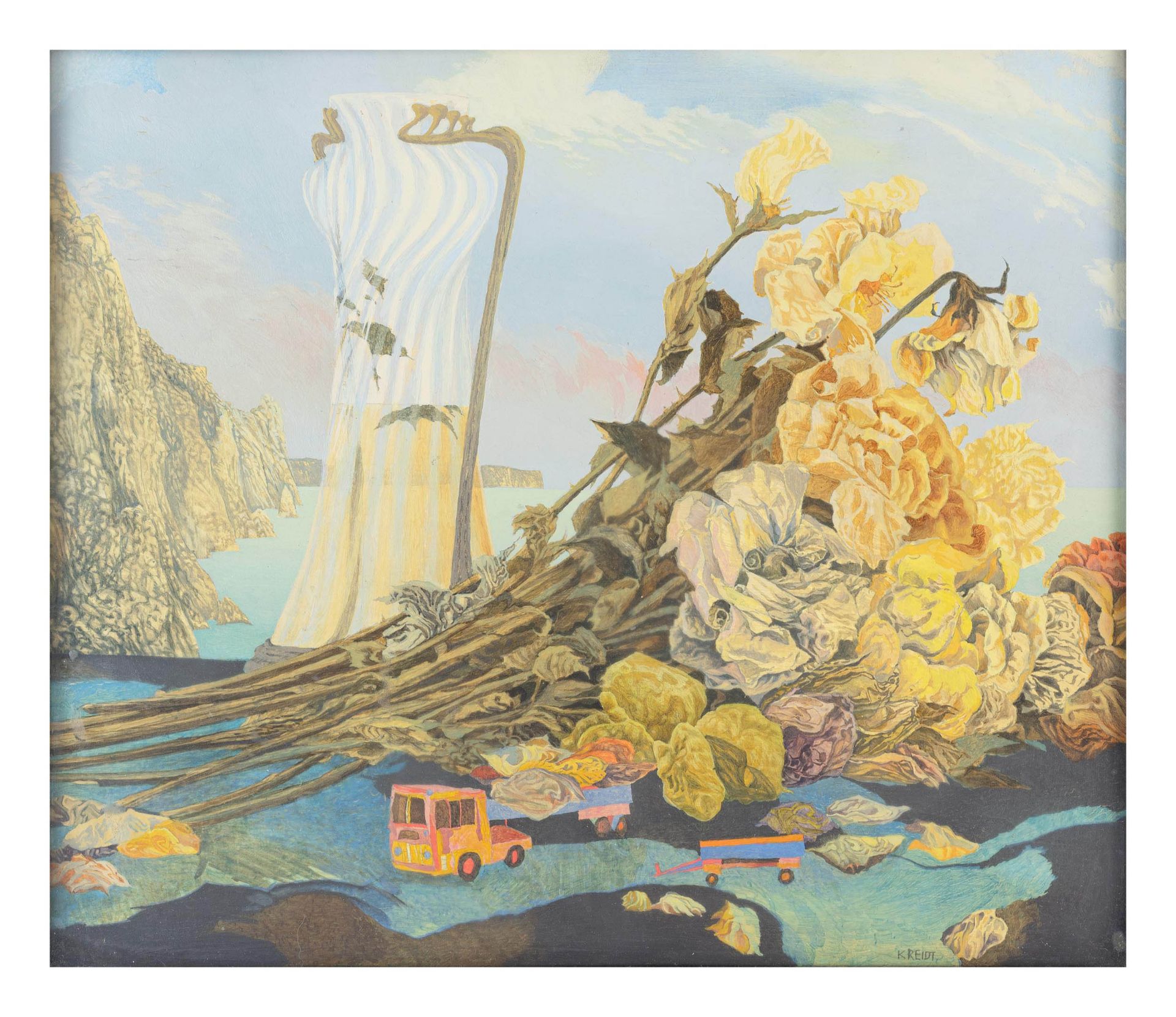Fritz Kreidt (1936 Essen)Surreale Szenerie, 1973, Öl auf Malkarton, 25 cm x 29 cm Sichtmaß, unten
