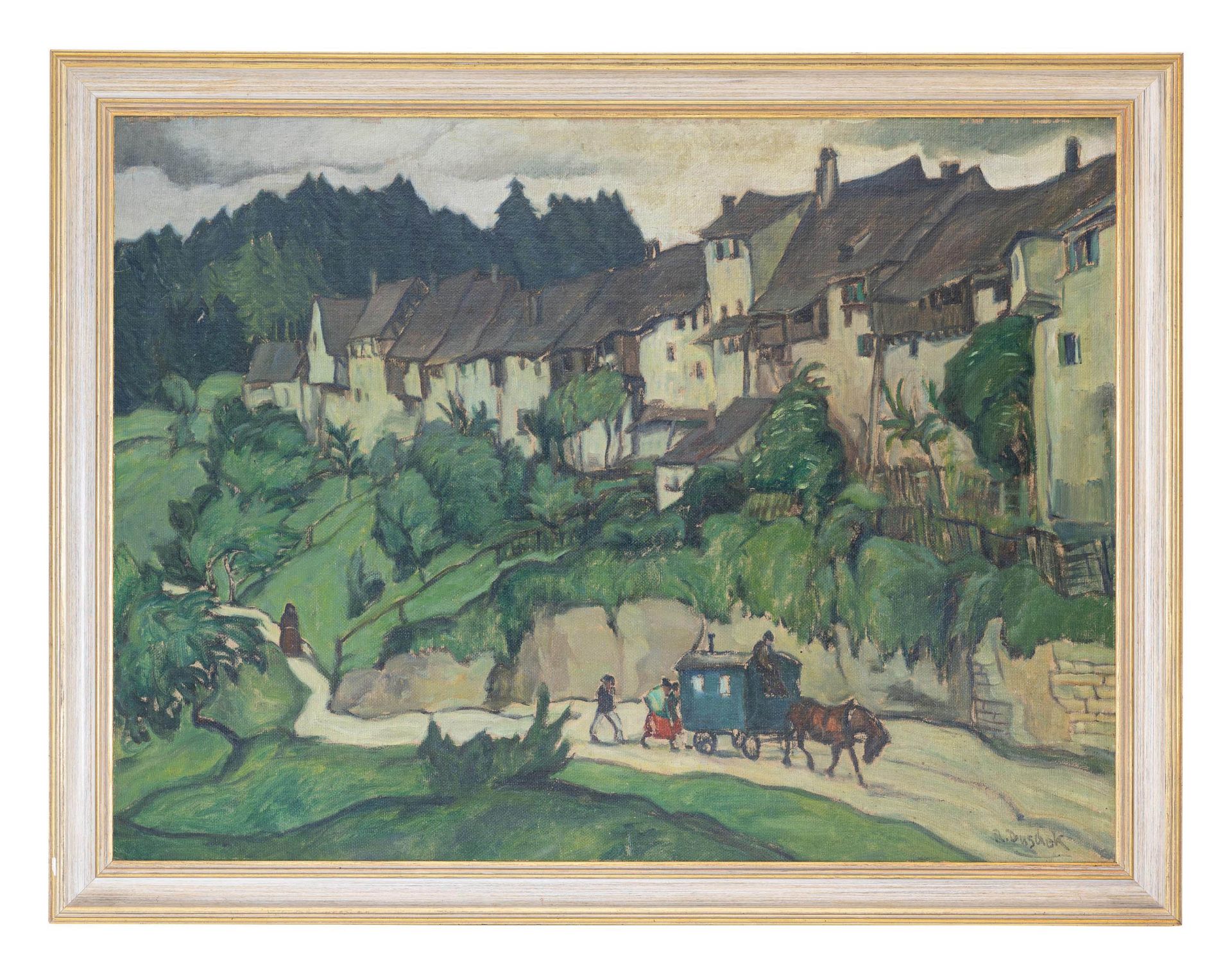 Richard Duschek (1884 Neugarten - 1959 Besigheim)Landschaft mit Kutsche, Öl auf Pappe, 56 cm x 75 - Bild 2 aus 3