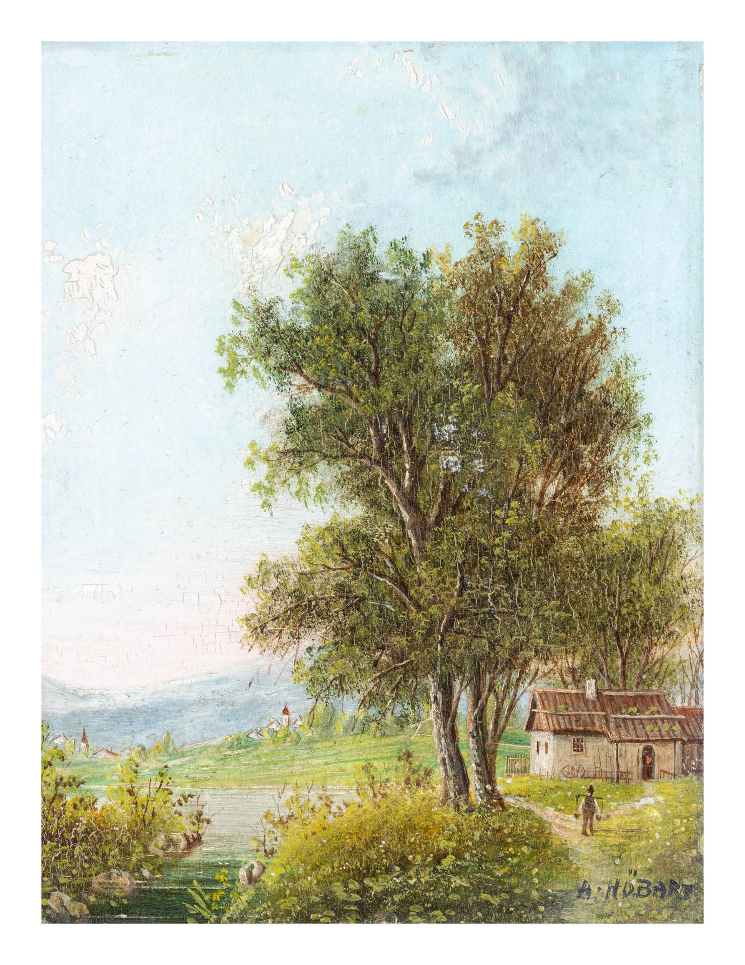 Albert Rieger('A. Höbart') (1834 Triest - 1905 Wien)'Landschaft mit Bauern', Öl auf Platte, 25,5