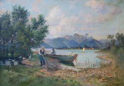 Carl Müller-Baumgarten (1879 Leipzig - 1964 München)Landschaft mit Fischern, Öl auf Leinwand, 71