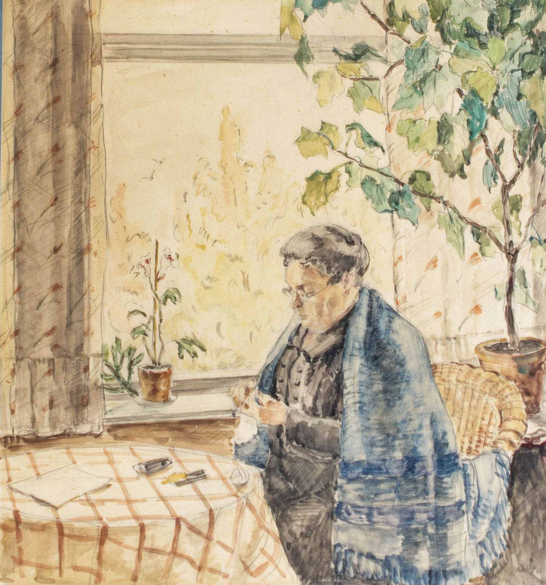 Arthur Siebelist (1870 Dresden - 1945 Hittfeld)Alte Frau bei einer Handarbeit, Aquarell und