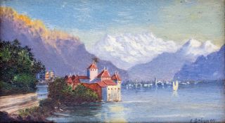 Cölestin Brügner (1824 Berlin - 1887 ebenda)Schloß Chillon am Genfer See, Öl auf Platte, 7,5 cm x