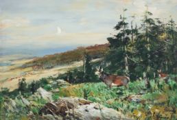Christian Johann Kröner (1838 Rinteln - 1911 Düsseldorf)Landschaft im Harz mit Hirsch, Gouache auf