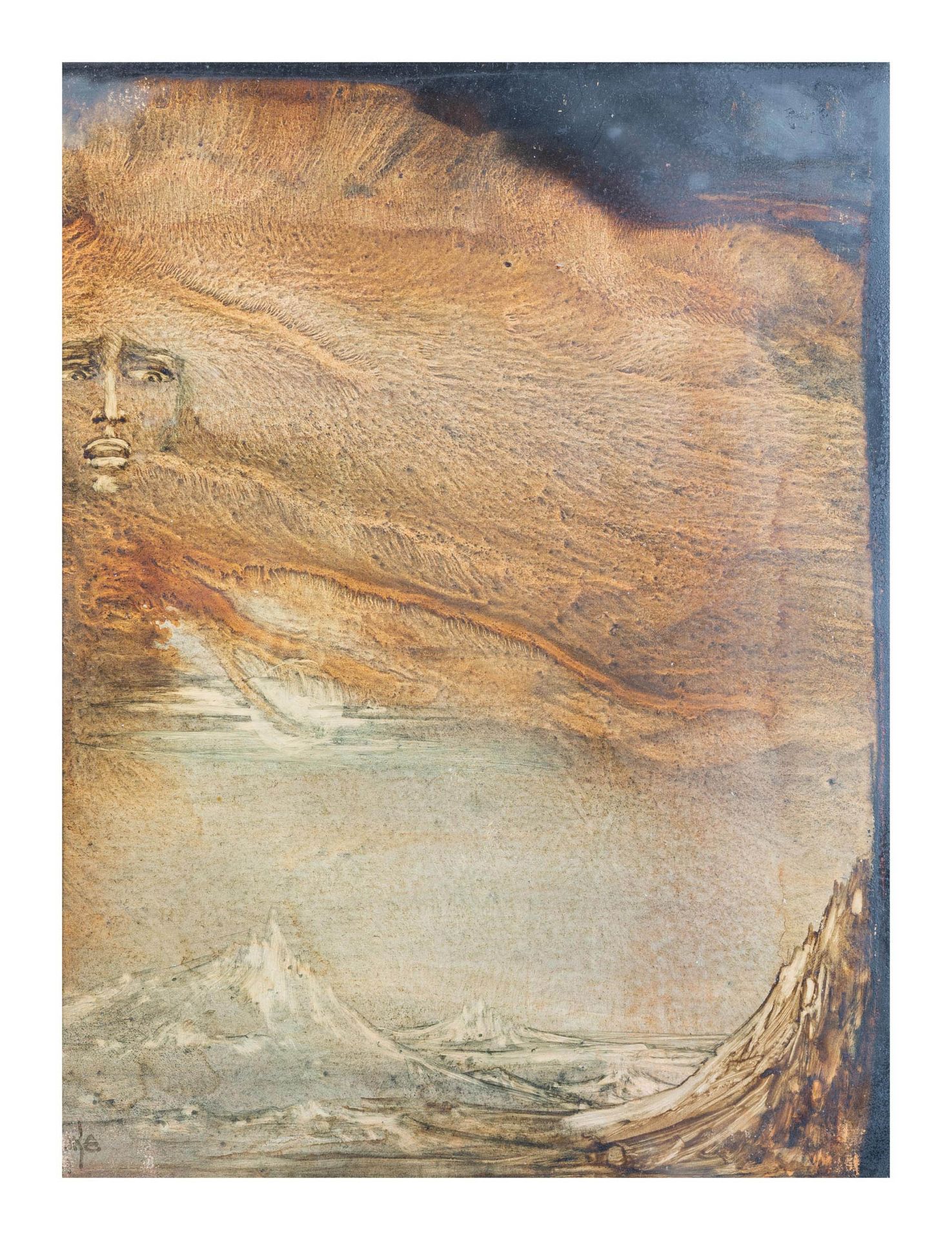 Karin Hauke (20. Jh.)Surrealistische Landschaft, Mischtechnik auf Papier, 24,5 cm x 19,5 cm