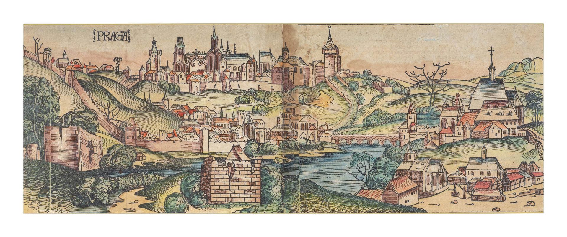 Hartmann Schedel (1440 Nürnberg - 1514 ebenda)Prag/ Praha, Holzschnitt, altkoloriert, auf Papier,