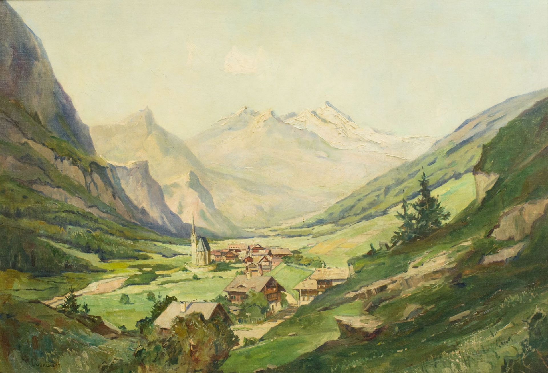 W. Hüslert (20. Jh.)Berglandschaft, Öl auf Leinwand, 70 cm x 100 cm, unten links signiert, minimal