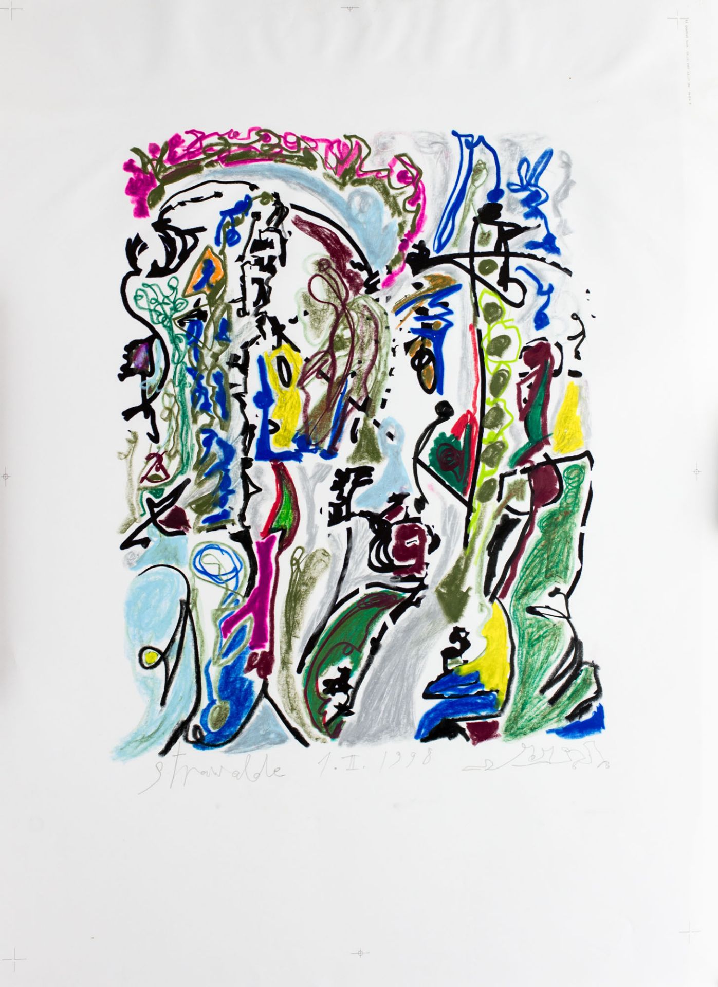Strawalde (1931 Frankenberg) (F)o.T., 1998, Pastell und Ölkreide auf Offsetdruck, 90 cm x 86 cm