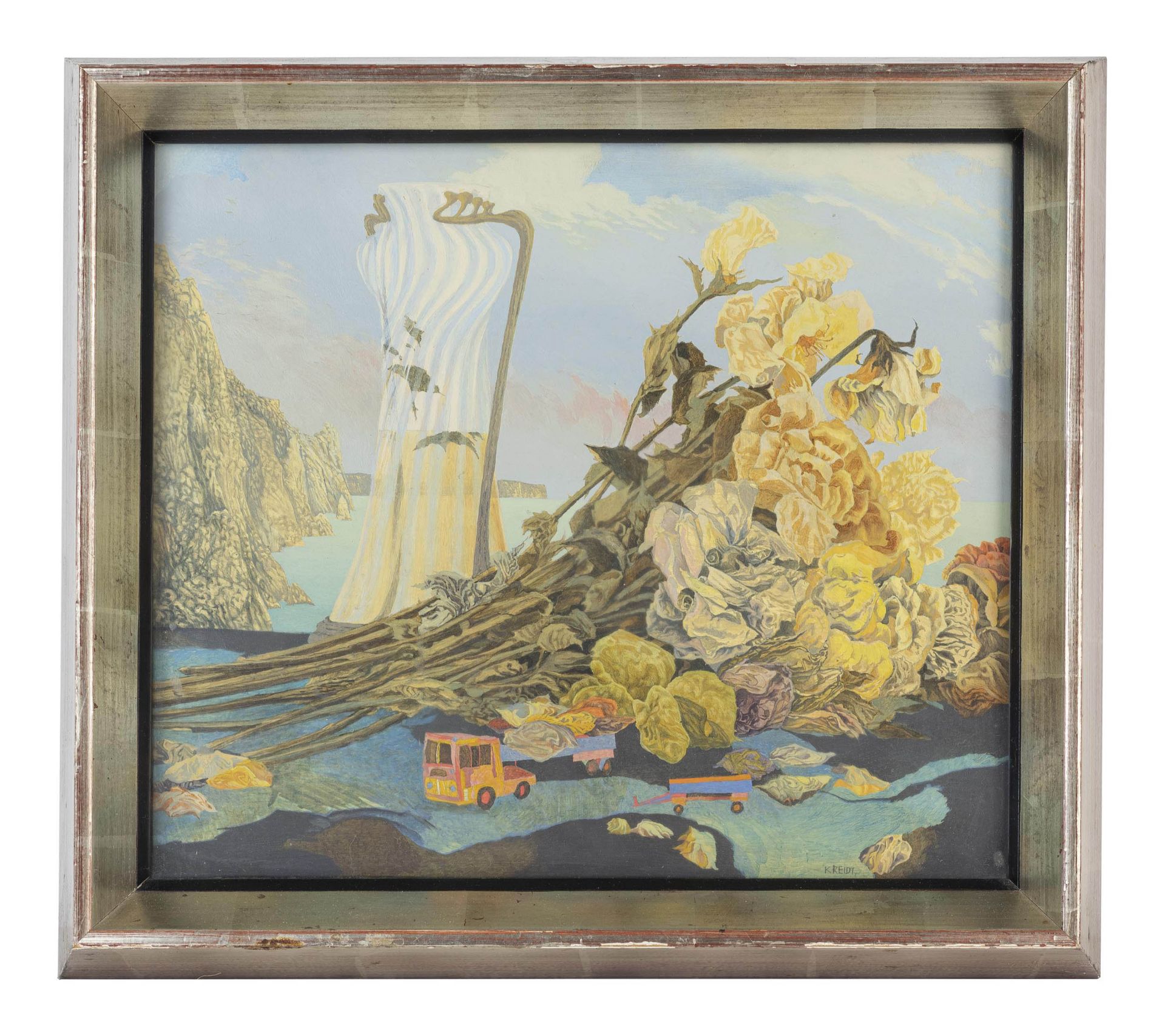 Fritz Kreidt (1936 Essen)Surreale Szenerie, 1973, Öl auf Malkarton, 25 cm x 29 cm Sichtmaß, unten - Bild 2 aus 4
