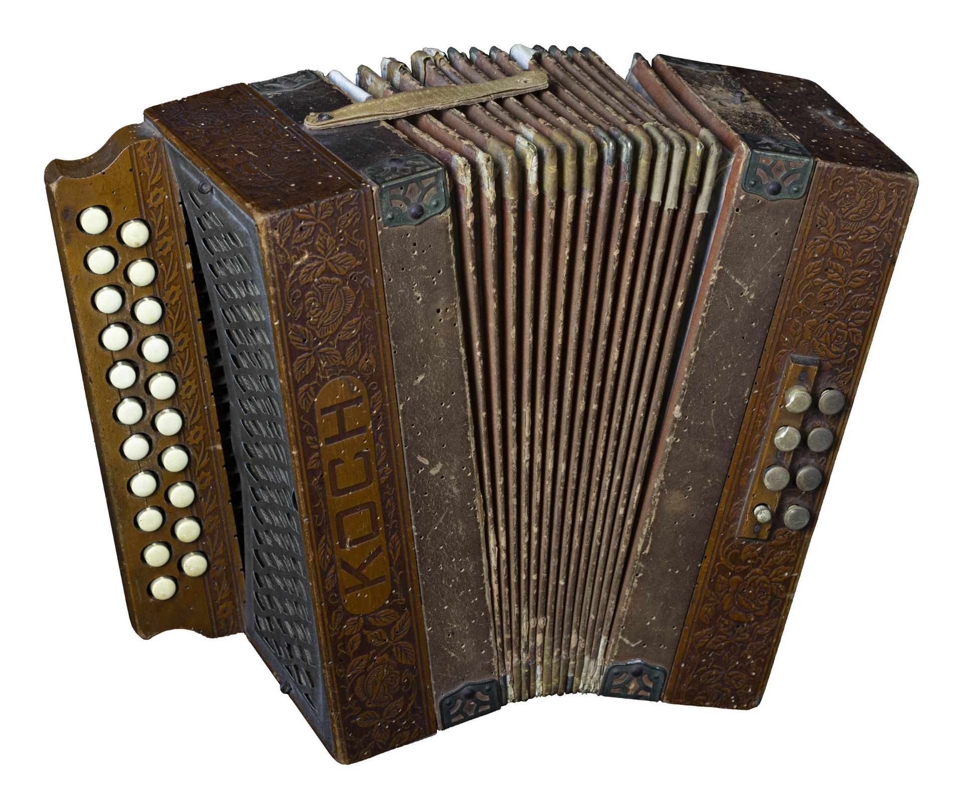 Akkordeon, Hohner KOCH C/F 8 BassDeutschland, um 1900, 21 Knöpfe, Holzgehäuse, 30,5 cm x 28 cm,