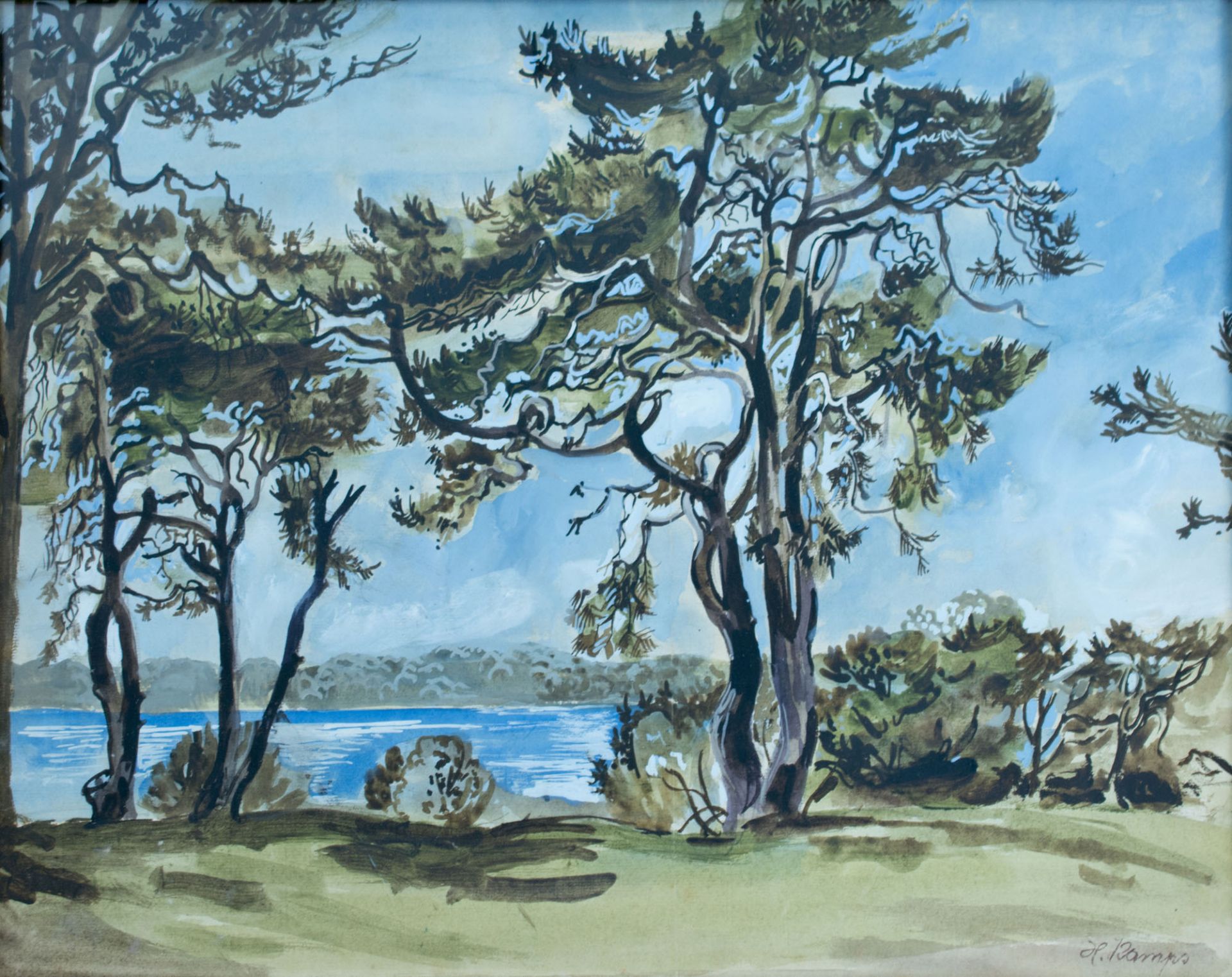 Heinrich Kamps (1896 Krefeld - 1954 Düsseldorf)Bäume am Ufer, Aquarell auf Papier, 43 cm x 56 cm