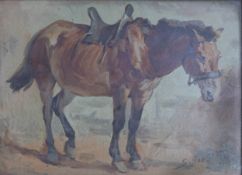 Stanislaw Bagienski (1876 Warschau - 1948 ebenda)Gesatteltes Pferd, Öl auf Pappe, 20 cm x 27,3 cm,