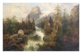 Josef Thoma (1828 Wien - 1899 ebenda)Gebirgslandschaft mit Fluss, Öl auf Leinwand, 68,5 cm x 106 cm,