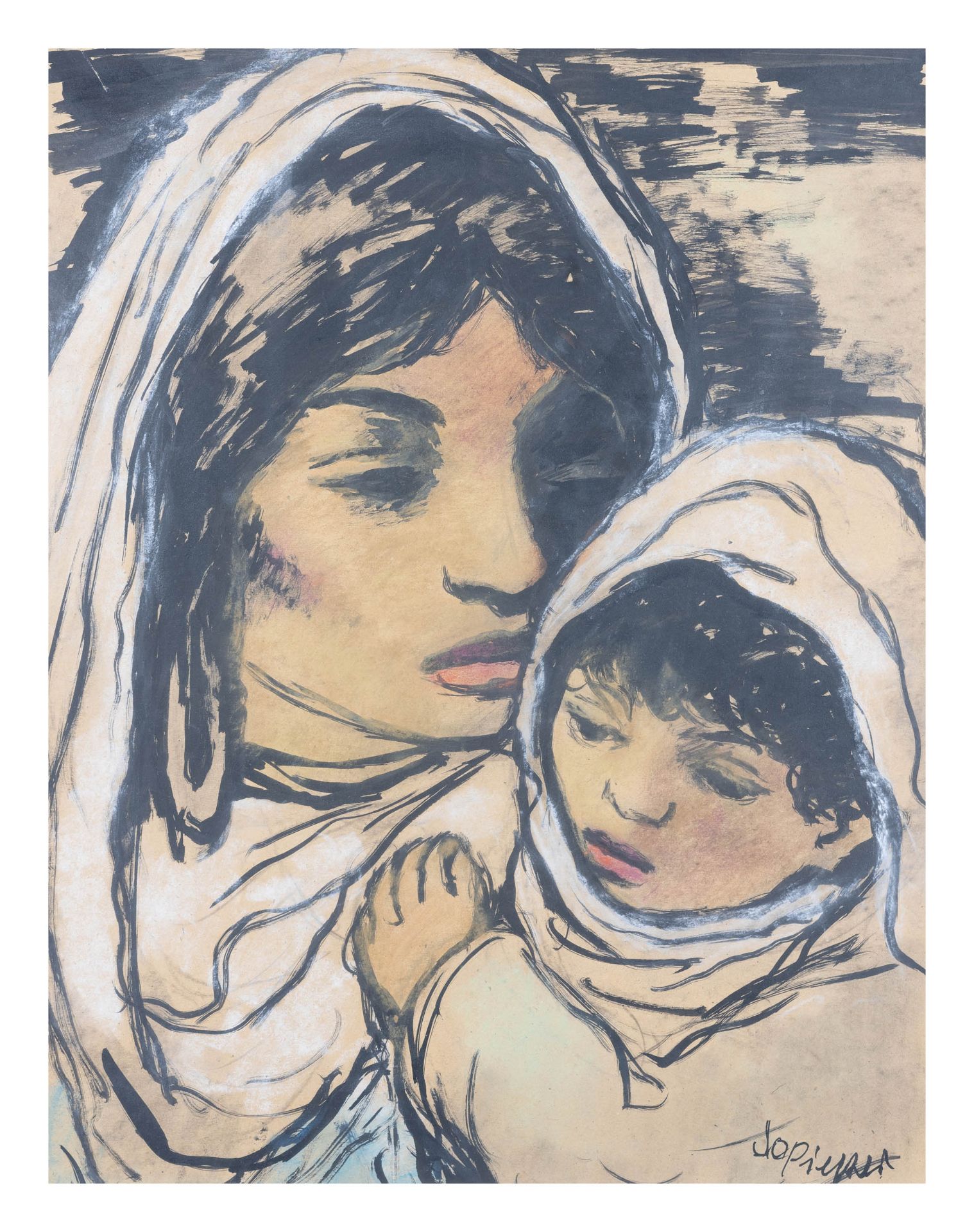 Jo Pieper (1893 Recklinghausen - 1971 Essen)Mutter mit Kind, Aquarell und Kreide auf Papier, 53,5 cm