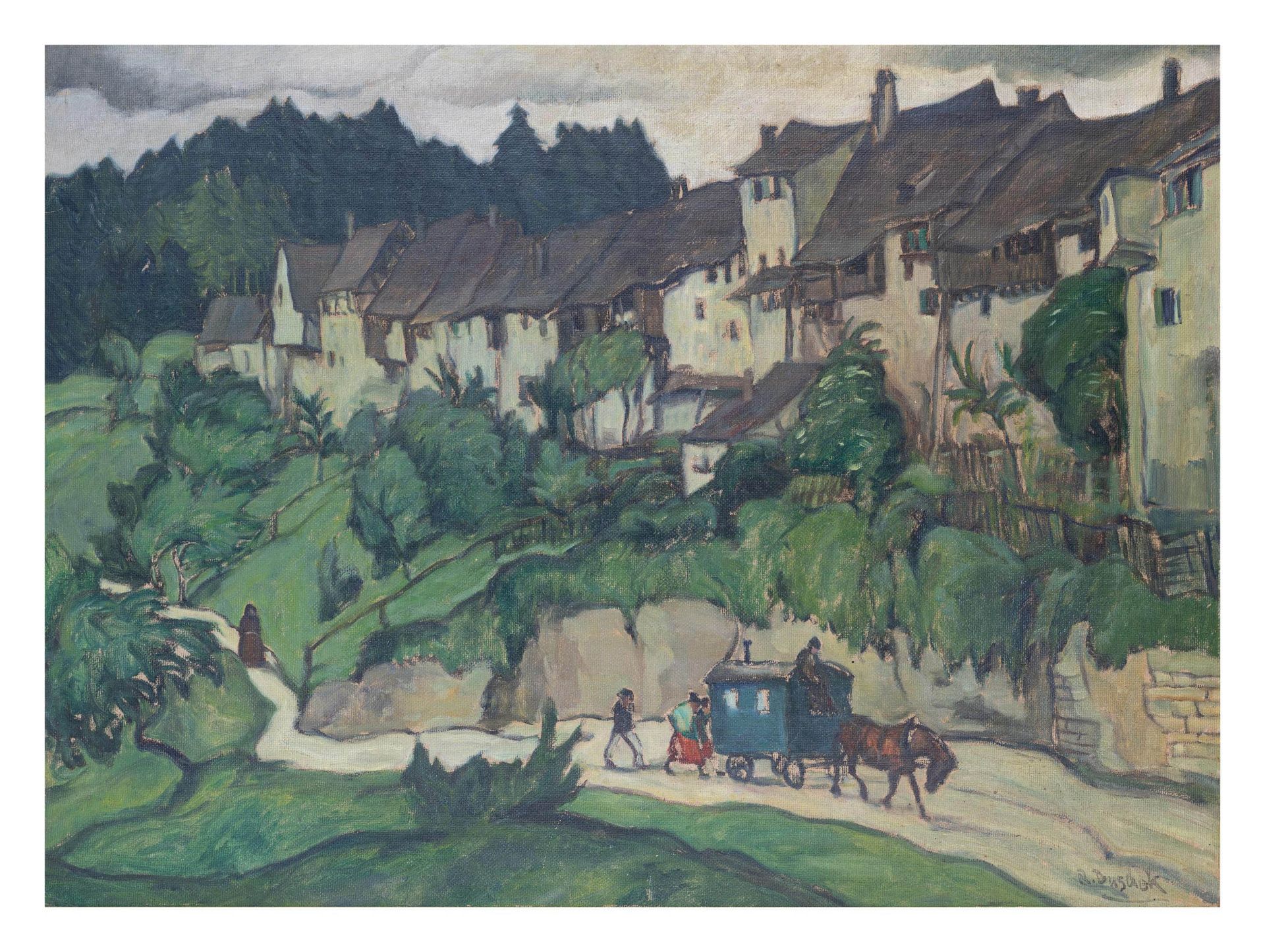 Richard Duschek (1884 Neugarten - 1959 Besigheim)Landschaft mit Kutsche, Öl auf Pappe, 56 cm x 75