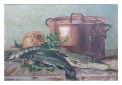 Hermann Münchhausen (1866 Buchholz)Stillleben mit Fisch, Öl auf Leinwand, 35 cm x 51 cm, unten links