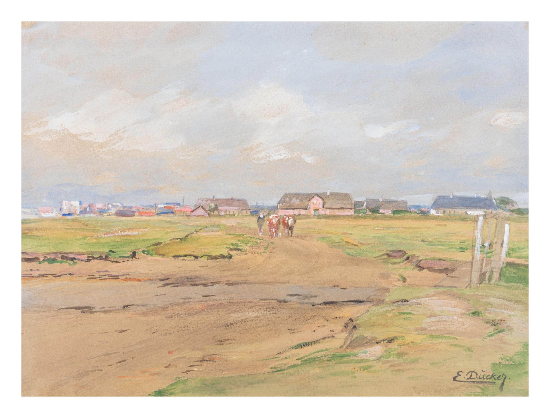 Eugen Dücker (1841 Kuressaare - 1916 Düsseldorf)Dörfliche Landschaft, Gouache auf Papier, 26 cm x