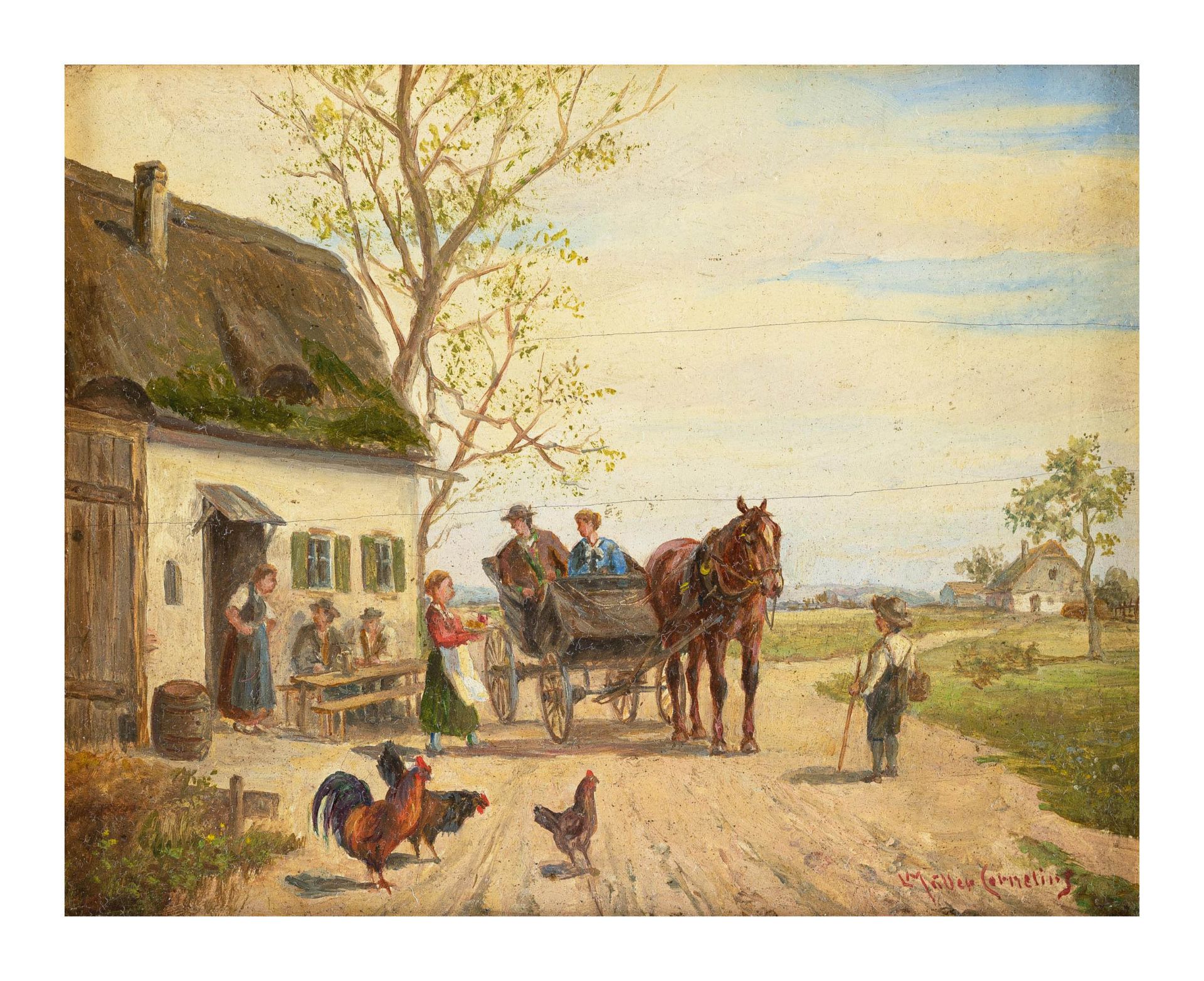 Ludwig Müller-Cornelius (1864 München - 1946 ebenda)Kutsche vor dem Haus, Öl auf Holz, 14,5 cm x