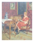 Alfred Wiegmann (1886 Essen - 1973 Kuhs)Frau beim Lesen, Öl auf Platte, 49 cm x 39 cm, unten