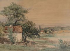 Carl Ernst Morgenstern (1847 München - 1928 Wolfshau)Landschaft mit Gehöft und See, Aquarell auf