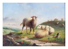 Auguste Coomans (1855 - 1896 Belgien)Landschaft mit Schafen, Öl auf Holz, 18 cm x 26 cm, unten