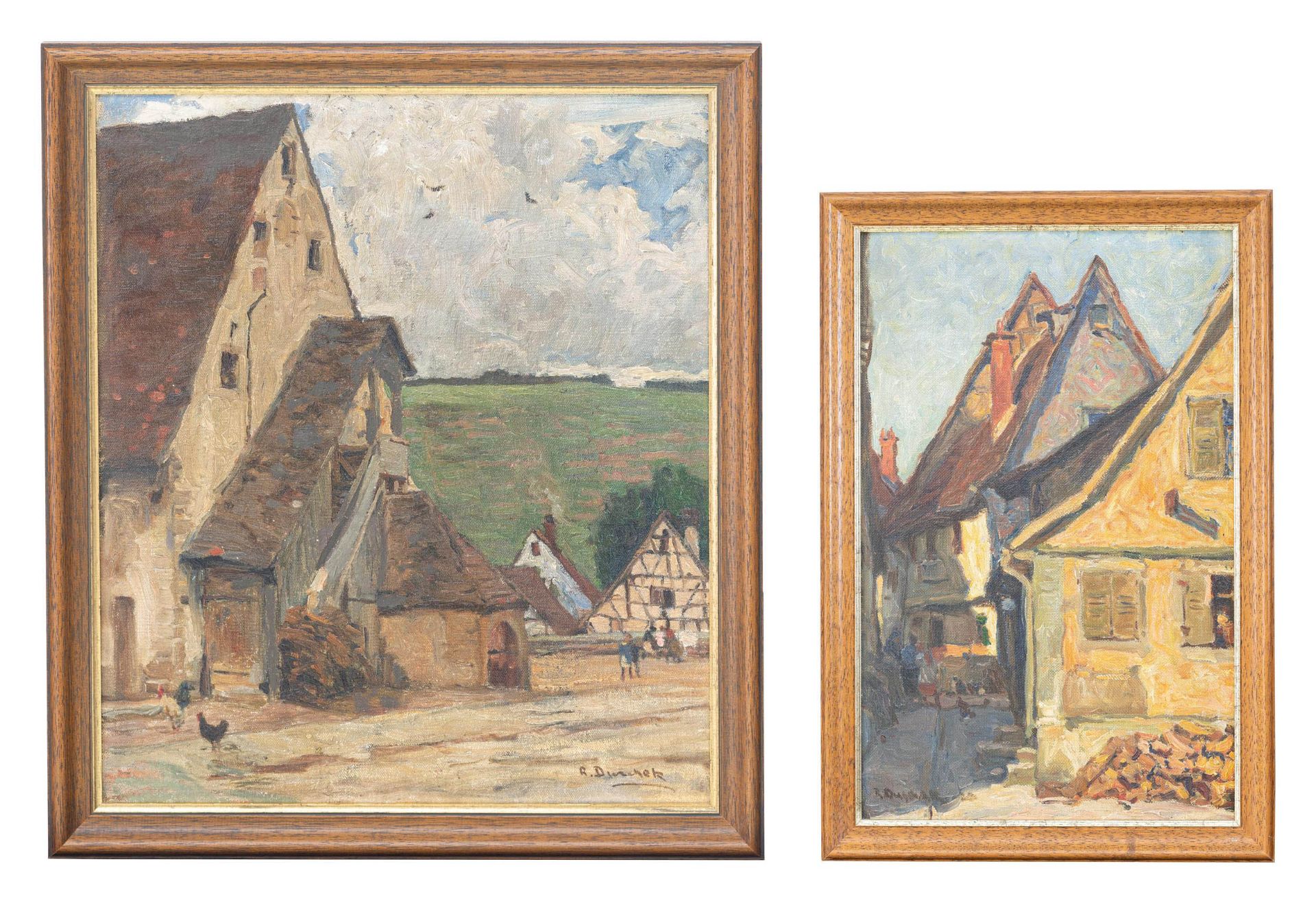 Richard Duschek (1884 Neugarten - 1959 Besigheim)2-tlg., Gehöft mit Figuren und Alte Häuser in