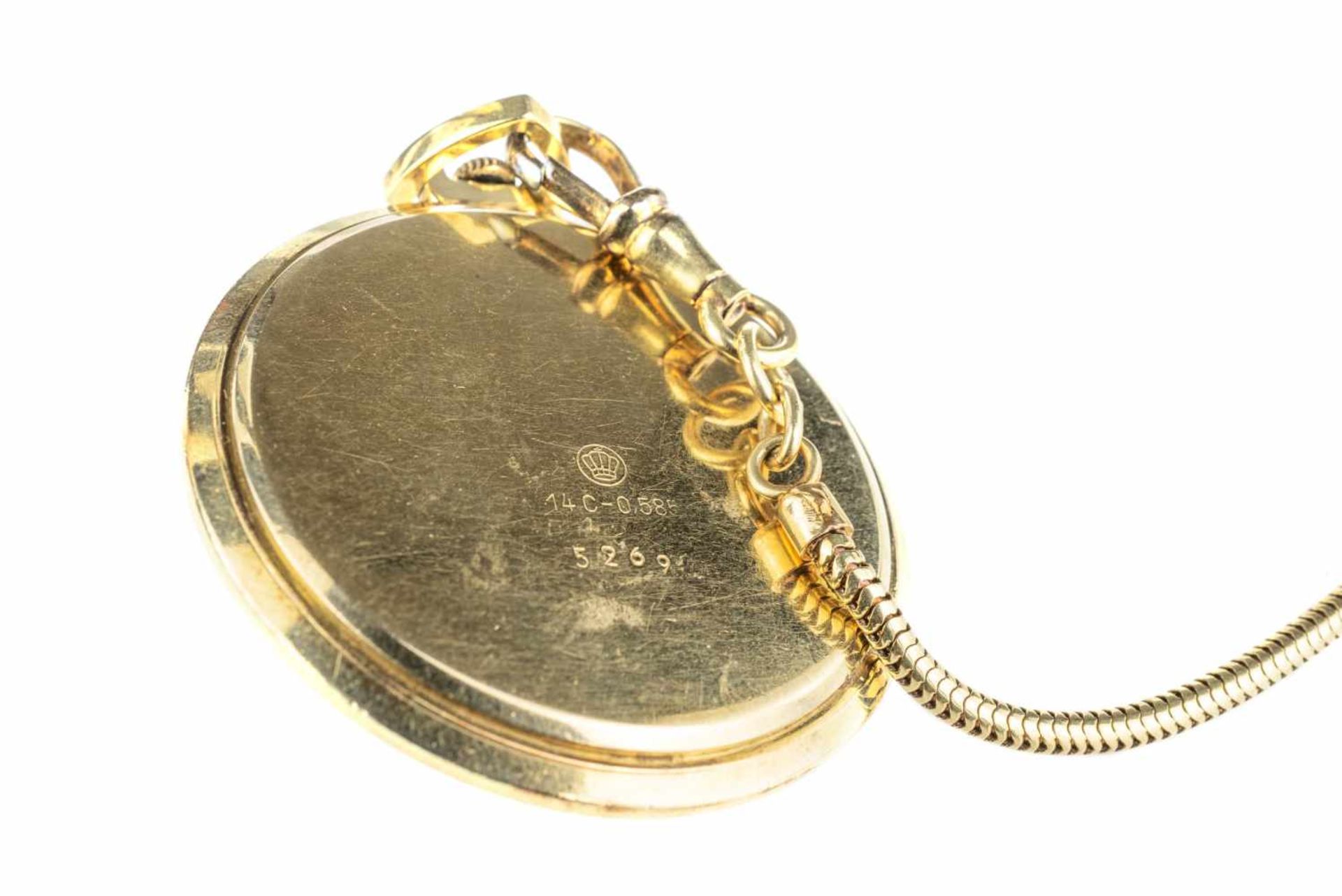 Akros Taschenuhr, Handaufzug, Gehäuse 585 Gelbgold, punziert, Durchmesser 41 mm, Uhrenkette, 585 - Image 3 of 3
