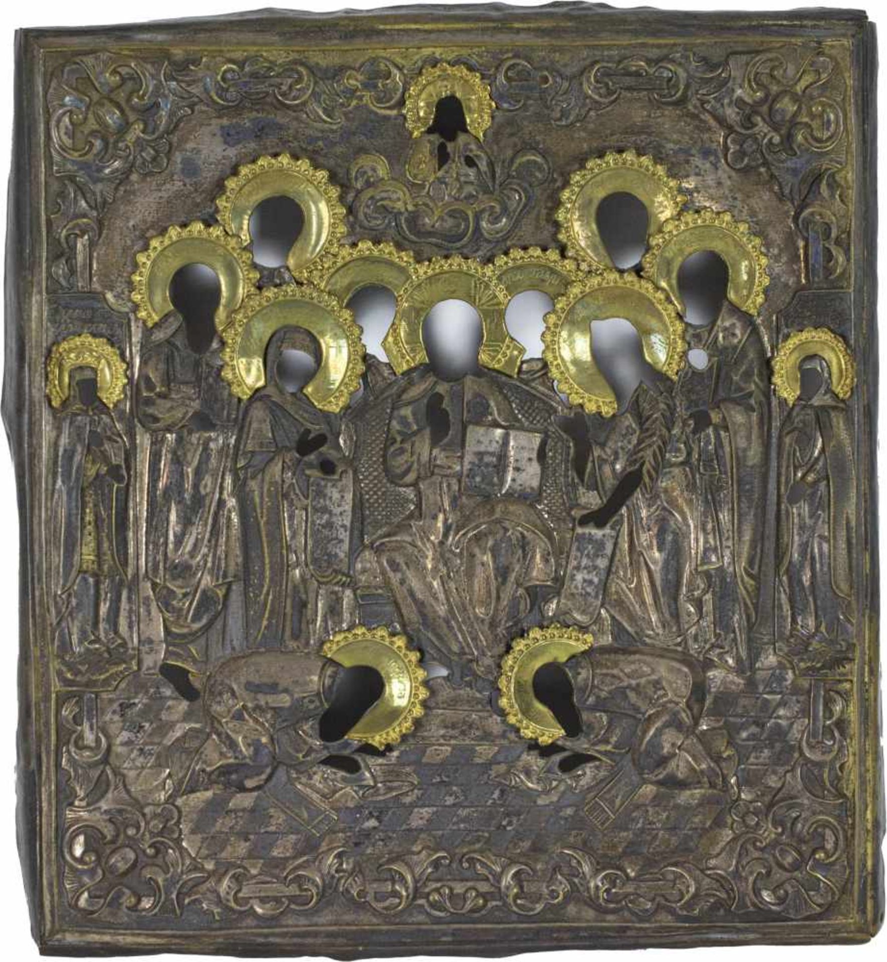 Ikone 'Heilige Dreifaligkeit mit Silberoklad' Russland, Eitempera auf Holz, 31 cm x 26 cm, - Bild 2 aus 2