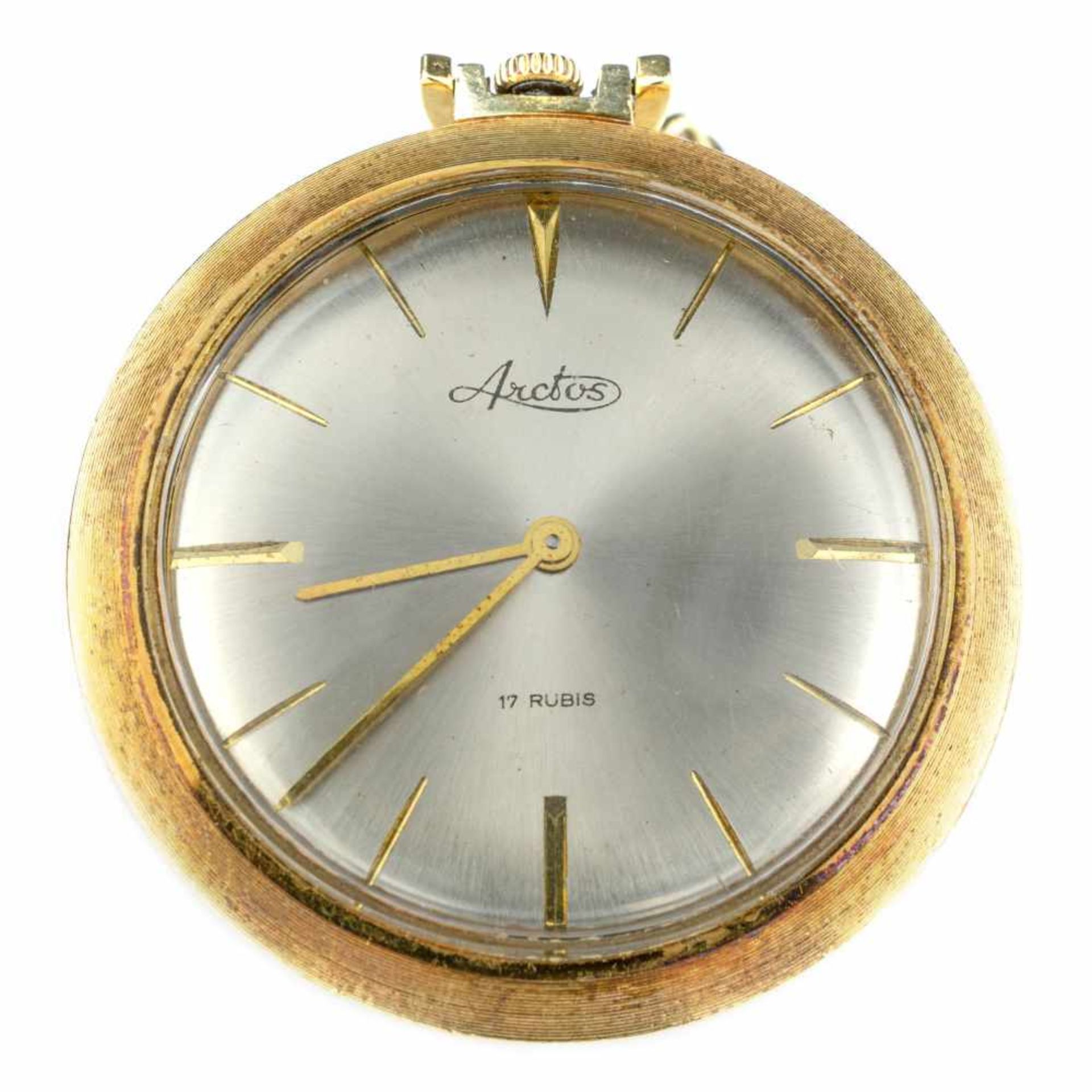 Akros Taschenuhr, Handaufzug, Gehäuse 585 Gelbgold, punziert, Durchmesser 41 mm, Uhrenkette, 585 - Image 2 of 3